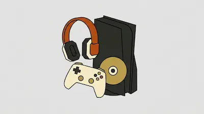A black video game console, a white controller, orange and black headphones, and a gold disc.
