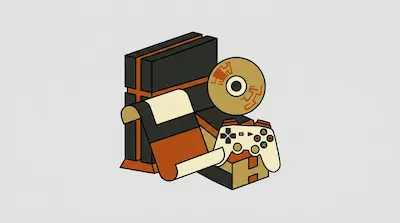 A video game console, a game disc, a controller, and a scroll in a minimalist style with black, orange, and cream colors.
