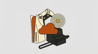 A stylized arrangement of a video game console, controller, disc, cloud icon, and cable.