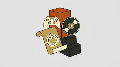 A collection of gaming items including an orange console, a cream controller, a disc, and a golden scroll with a power symbol.