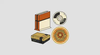 Four stylized illustrations of gaming hardware and media, including two consoles, a disc, and a circular circuit emblem.
