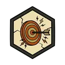 An arrow piercing a ringed target amid flying sparks