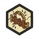 A timber-and-brick frontier archway standing on open ground